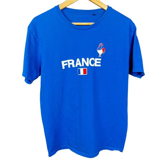 Y2K France Tourist Blue Souvenir T-Shirt 100% Cotton Paris Flag Rooster - XL - Picture 1 of 6